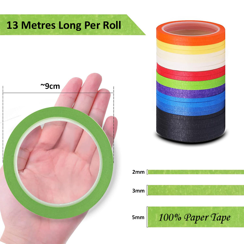 Stack of colorful paper tapes with measurements and text on a white background