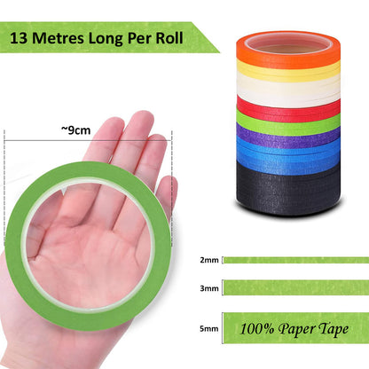 Stack of colorful paper tapes with measurements and text on a white background