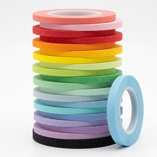 Stack of colorful draping tape rolls on a white background
