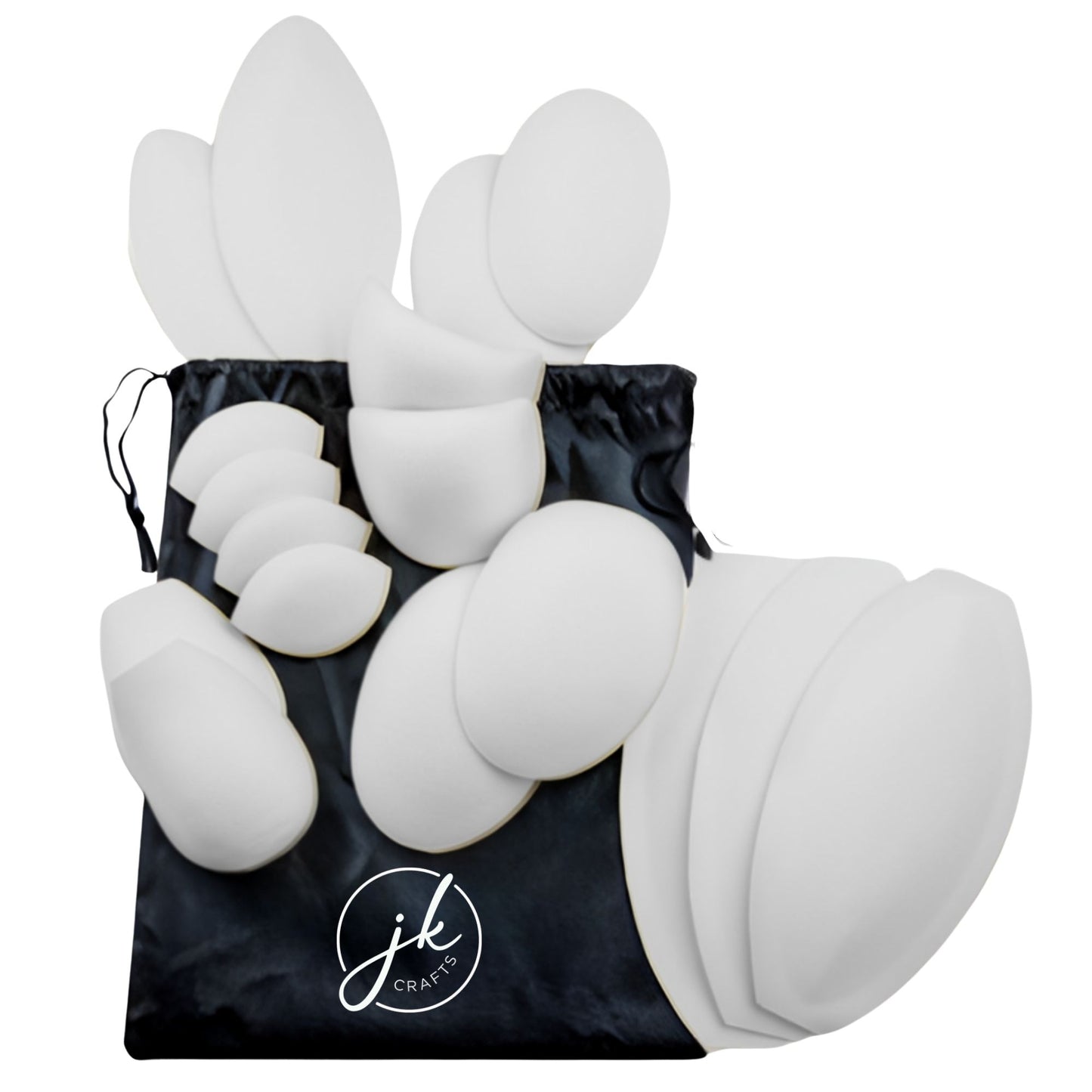 Set of white silicone molds on a black drawstring bag with 'jk' branding, no shirt cover