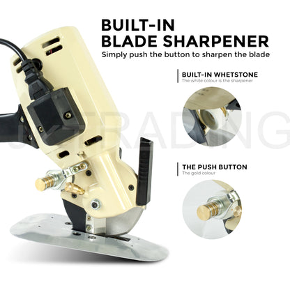 Close-up infographic displaying the built-in push-button blade sharpener mechanism on the heavy-duty shear.