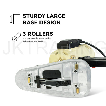 Underside view of the sturdy large base plate showing the embedded rollers for smooth gliding over cutting tables.