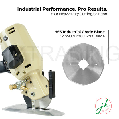 Industrial grade textile cutter shown next to a sharp 100mm replacement octagonal alloy steel blade.