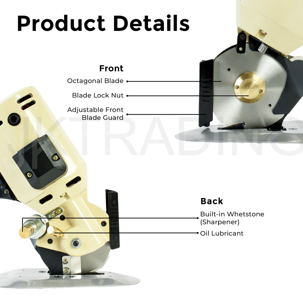 Product details schematic highlighting the blade guard, oil port, and grease nipple locations on the machine.