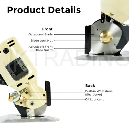 Product details schematic highlighting the blade guard, oil port, and grease nipple locations on the machine.