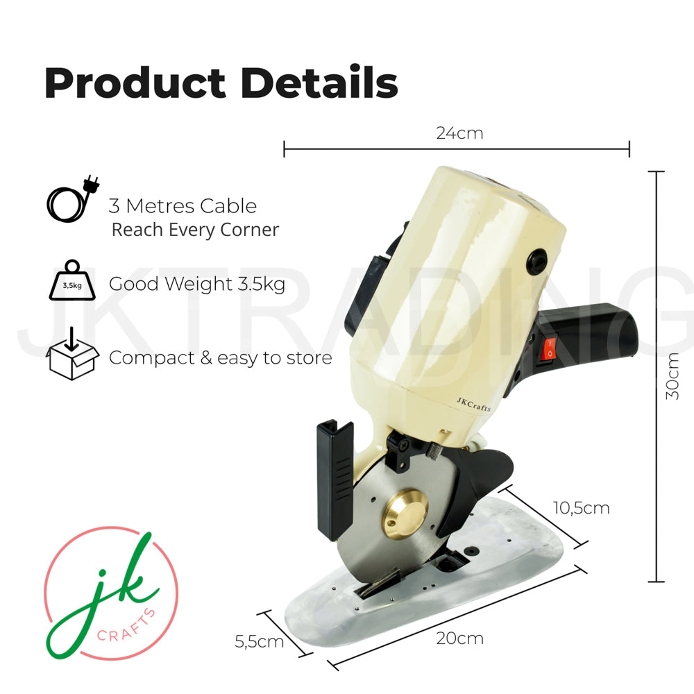 Dimension and weight diagram breakdown for the compact, ergonomic 100mm industrial round knife cloth cutter.