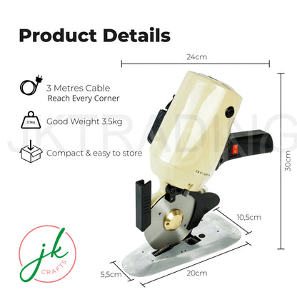 Dimension and weight diagram breakdown for the compact, ergonomic 100mm industrial round knife cloth cutter.