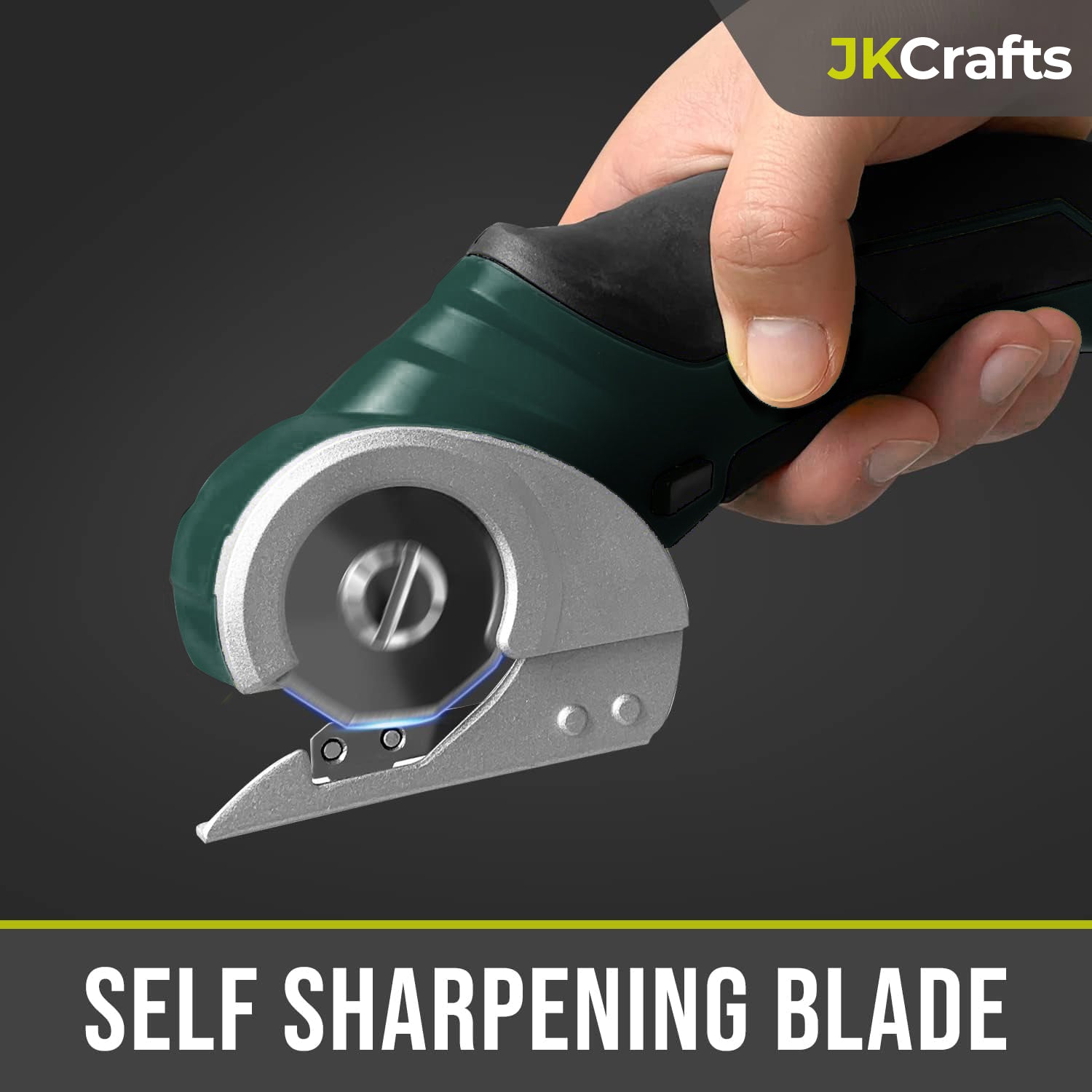 Close-up profile view of the self-sharpening octagonal steel blade guard on the green electric cutter.