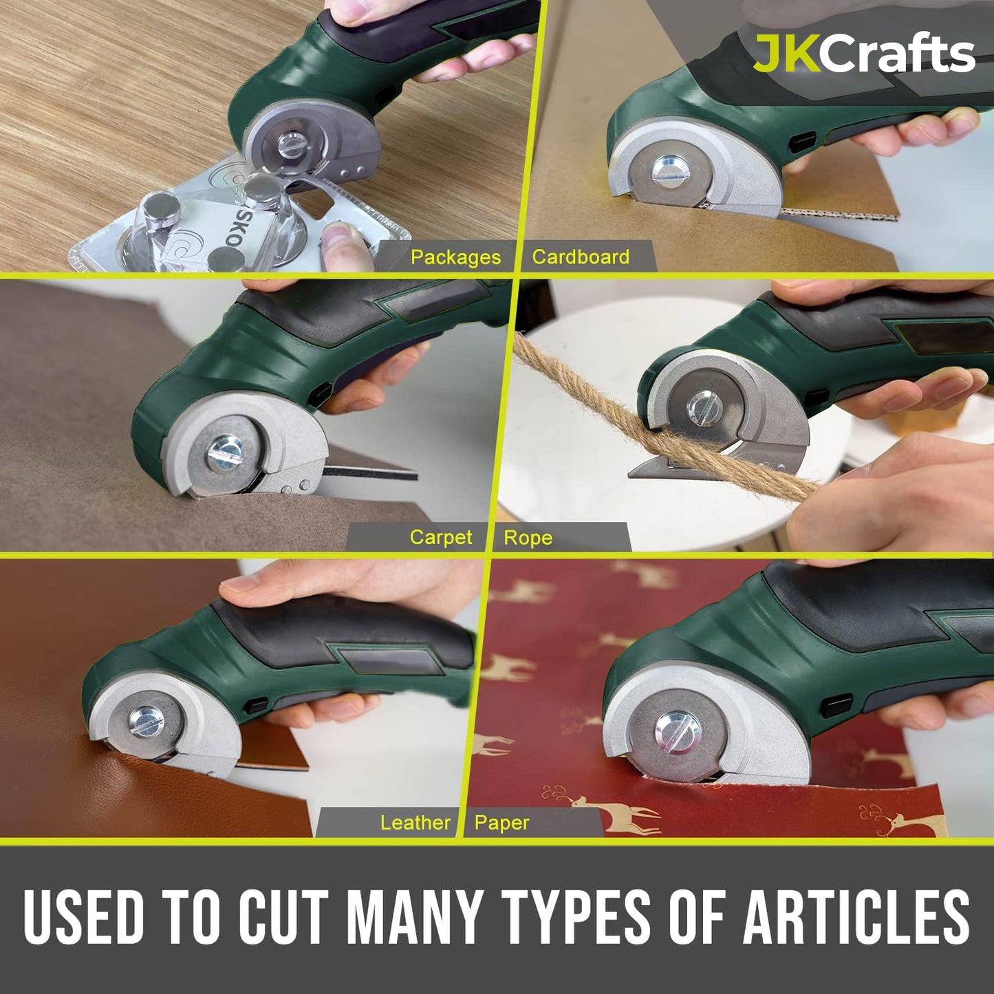 Six-panel grid showing the multi-material electric rotary cutter slicing leather, plastic sheeting, and cardboard.