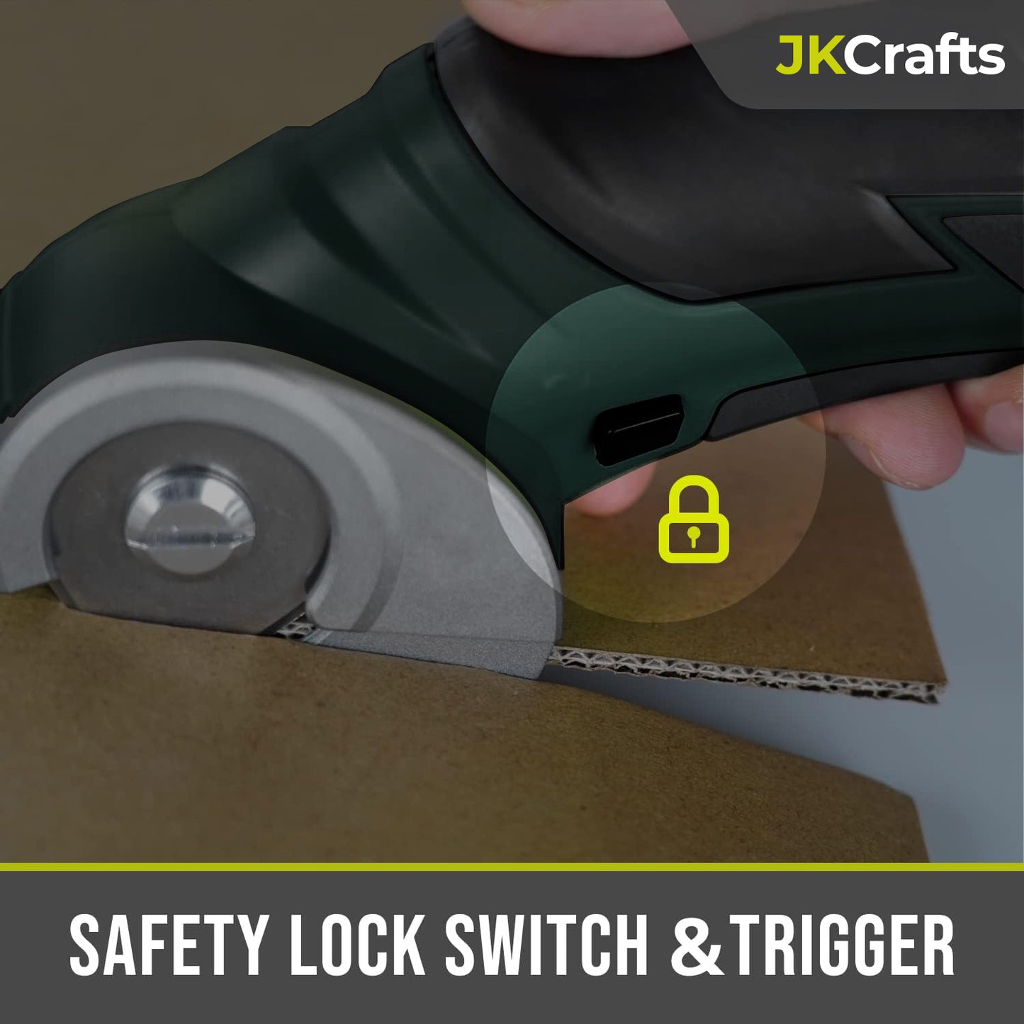 Close-up highlighting the safety lock switch and power trigger layout on the ergonomic handheld fabric trimmer.