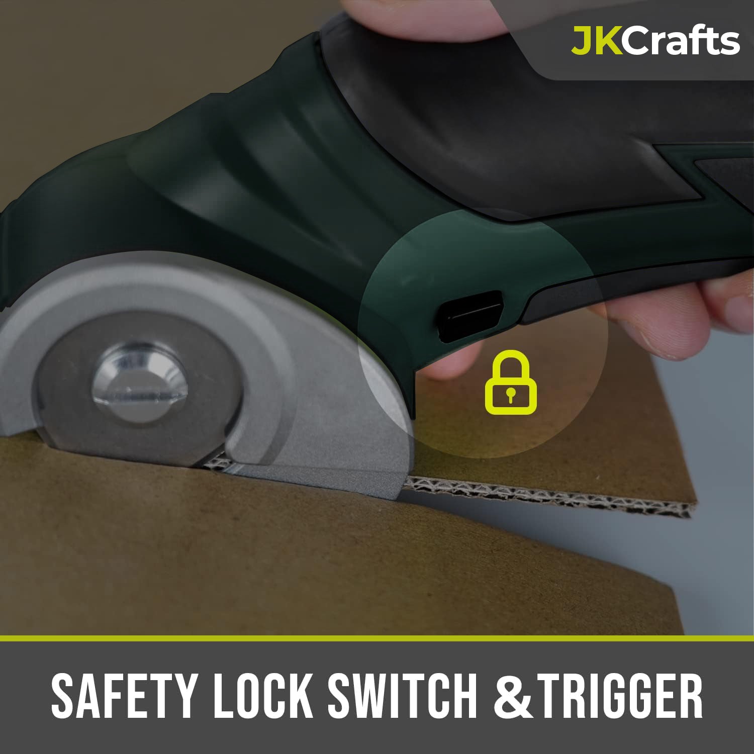 Close-up highlighting the safety lock switch and power trigger layout on the ergonomic handheld fabric trimmer.