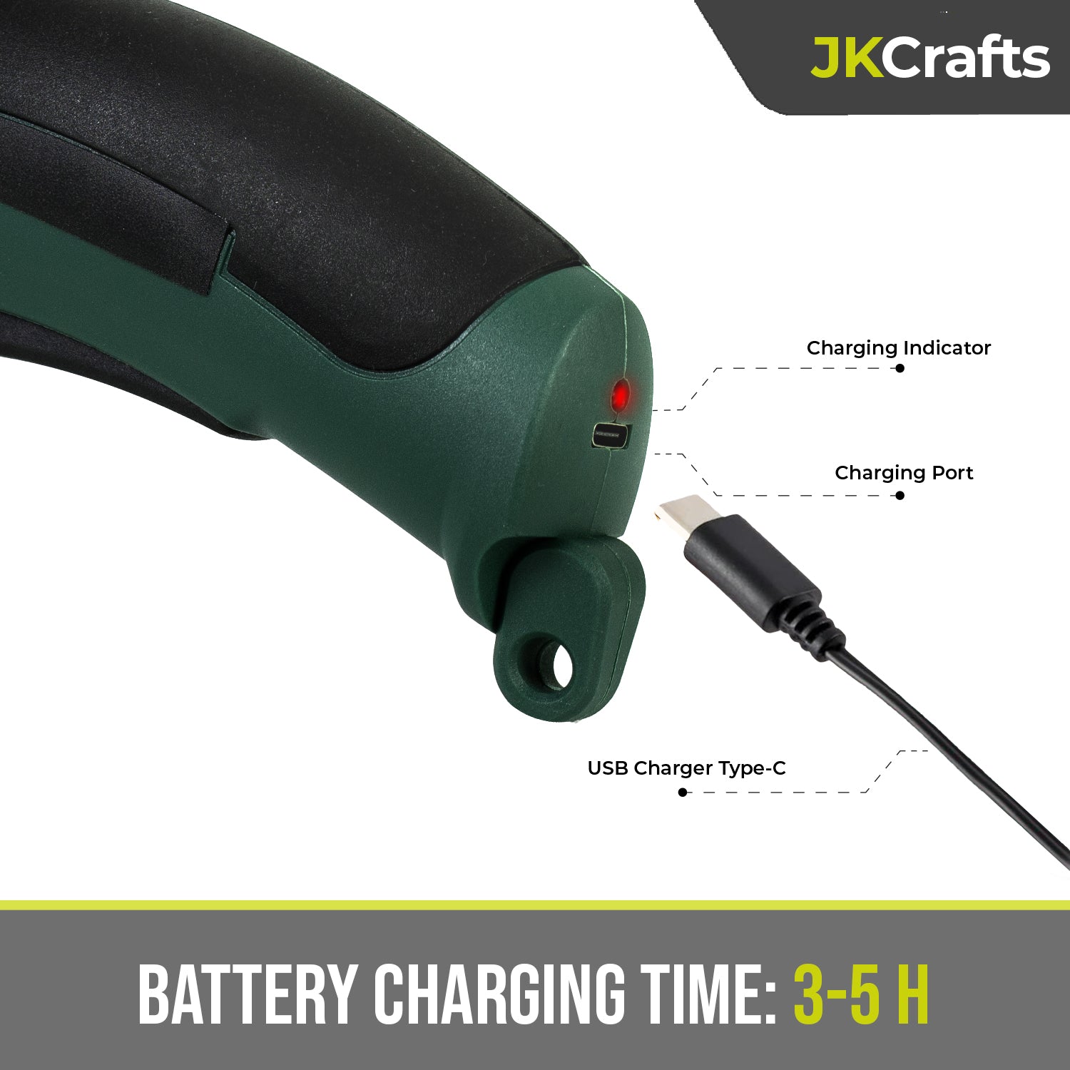 Close-up diagram showing a USB charging cable plugged directly into the handle of the rechargeable cutting tool.