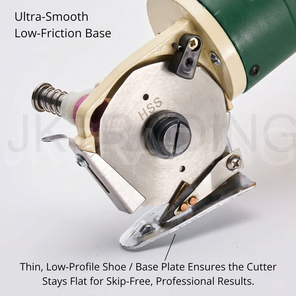 Angled close-up of the ultra-smooth, low-friction metal base plate mechanism designed to prevent fabric snagging.