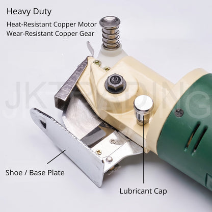 Close-up view highlighting the heavy-duty oil lubricant port and durable blade guard housing components.
