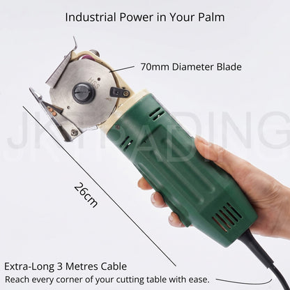 Dimensions diagram pointing out the compact 70mm round blade diameter and corded handle length specifications.