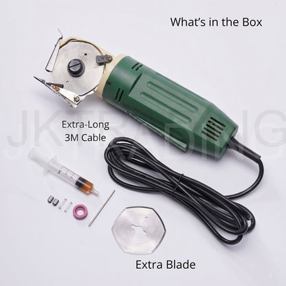 Complete product kit package layout showing the corded rotary shear machine, replacement blade, oil bottle, and power cord.