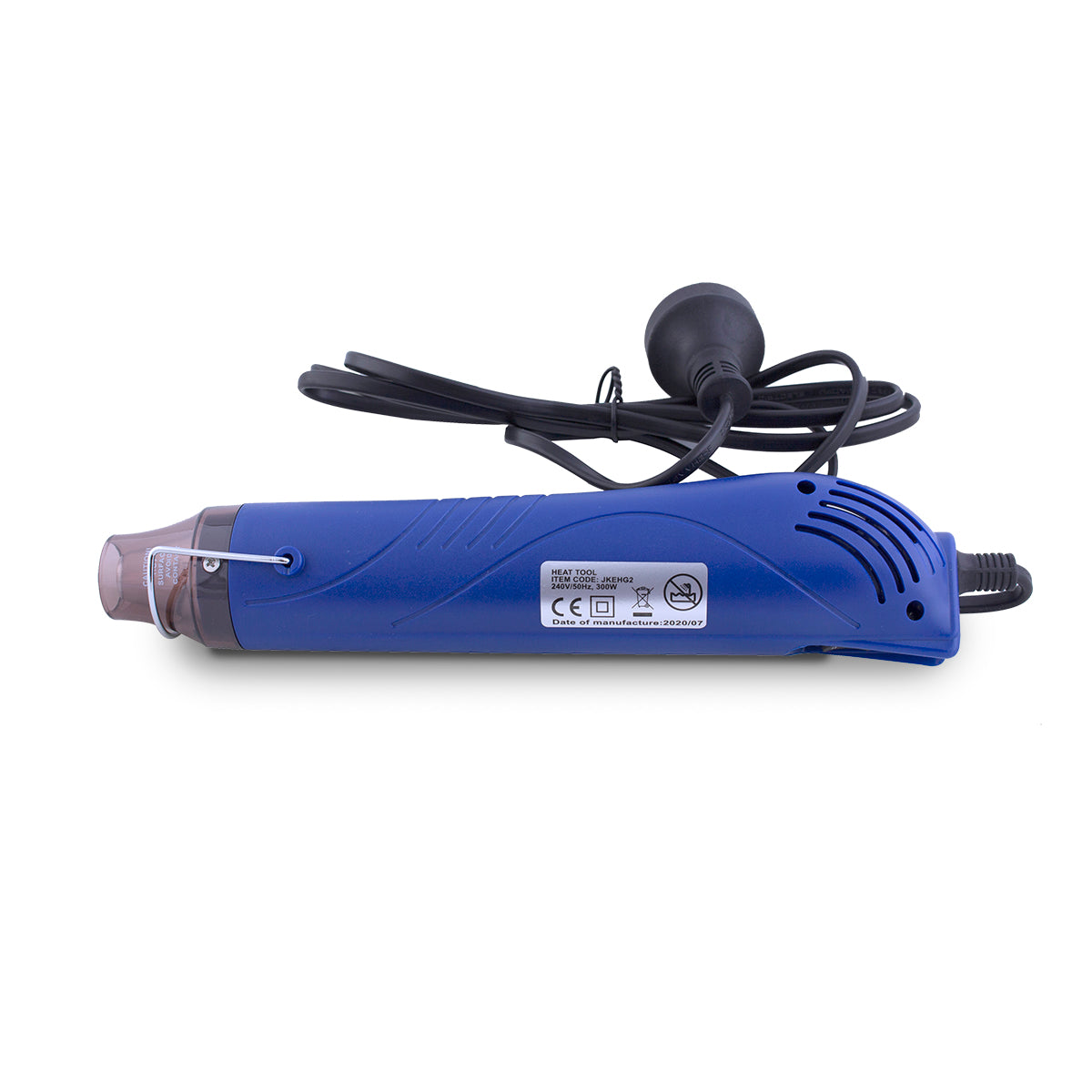 Blue hot air gun with a black cord on a white background