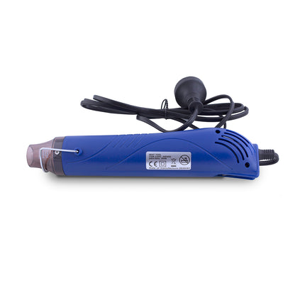 Blue hot air gun with a black cord on a white background