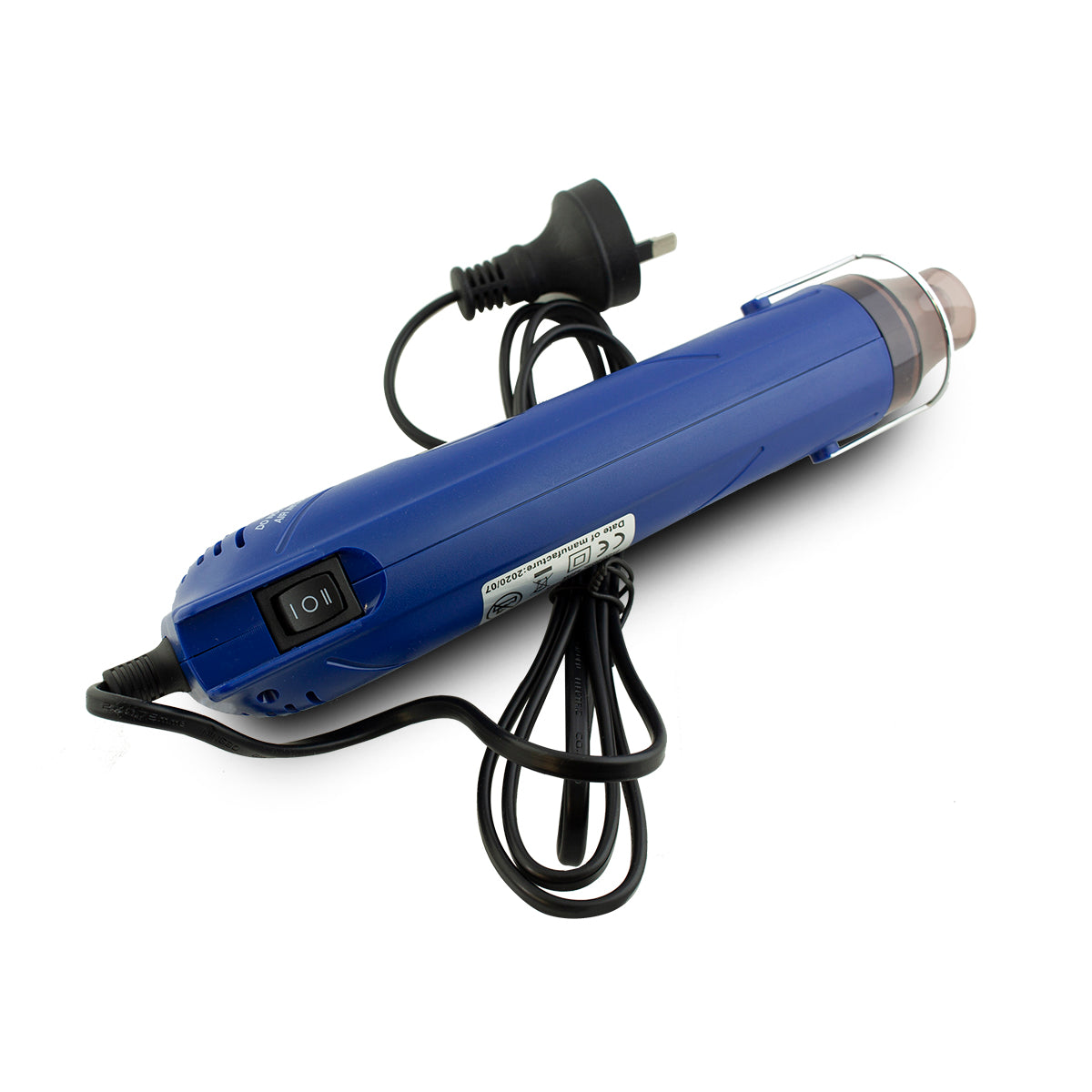 Blue hot glue gun with power cord on a white background