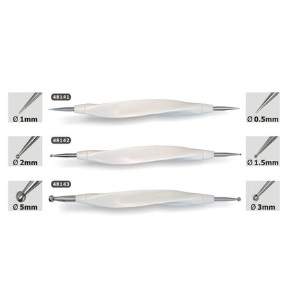 Size specification diagram showcasing the various millimeter tip options for the dual-ended ball stylus.
