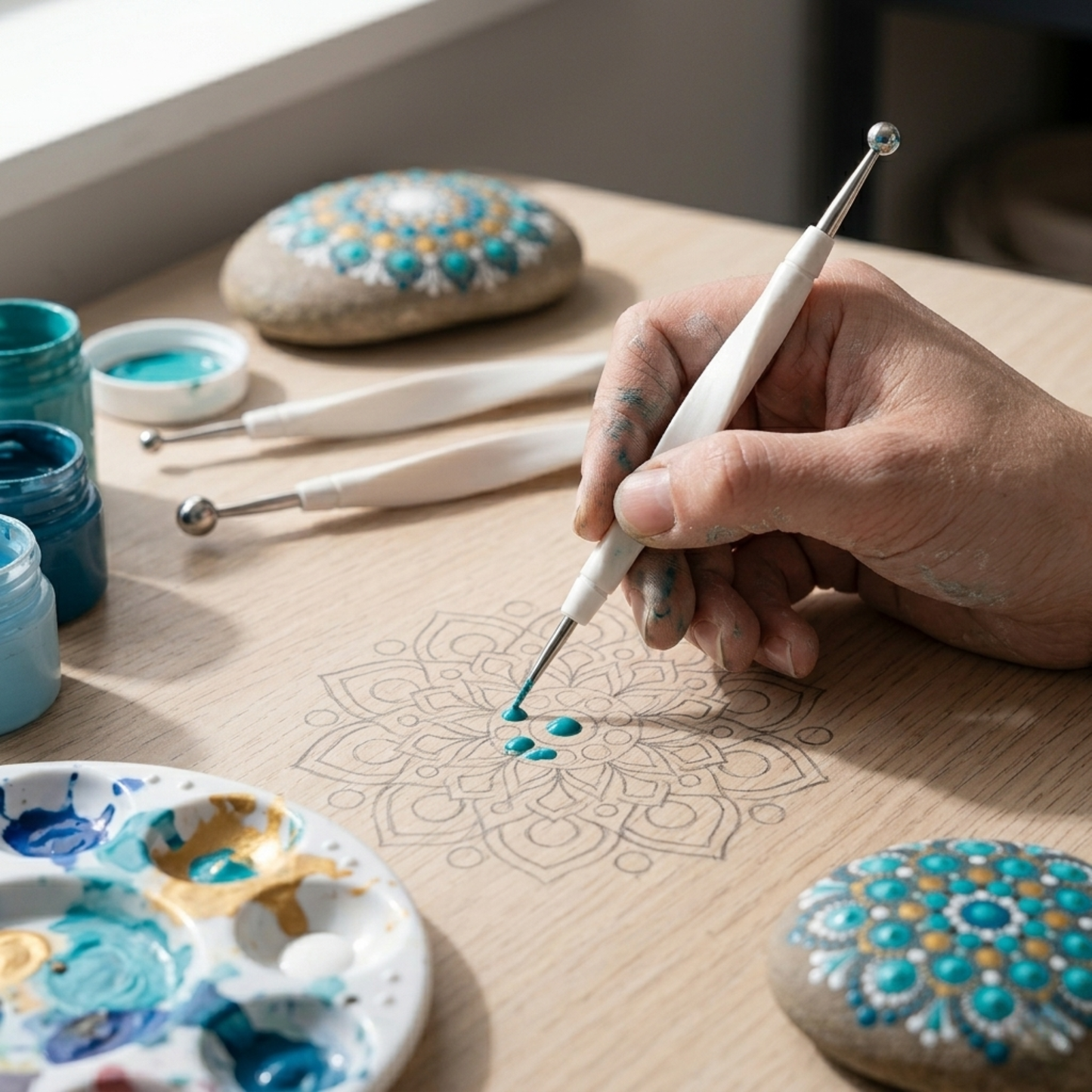 Crafter using a white paper creasing stylus pen to score and shape paper flowers on a cutting mat.