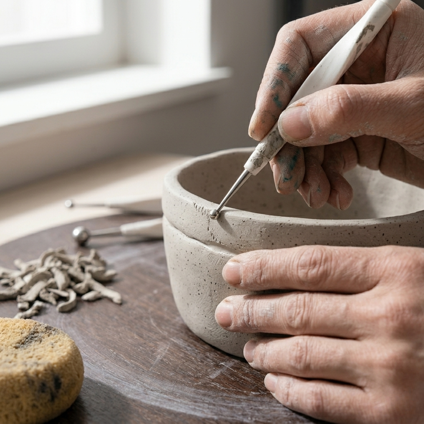 Artist using a metal ball tip stylus tool for precise mandala dot painting on a smooth stone.