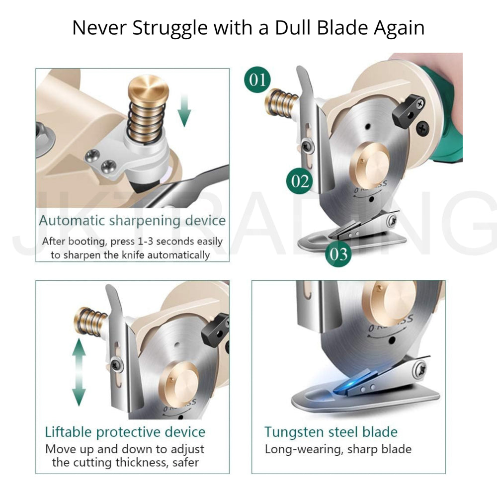 Instructional close-up diagram detailing the built-in automatic sharpening stone mechanism for the round knife blade.