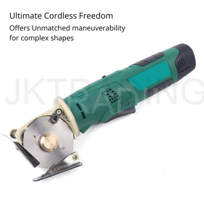 Cordless electric cutter with green handle on a white background, featuring text about its features.