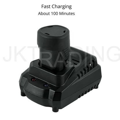 Compact plug-in fast charging dock component designed for high-capacity cordless fabric cutter batteries.