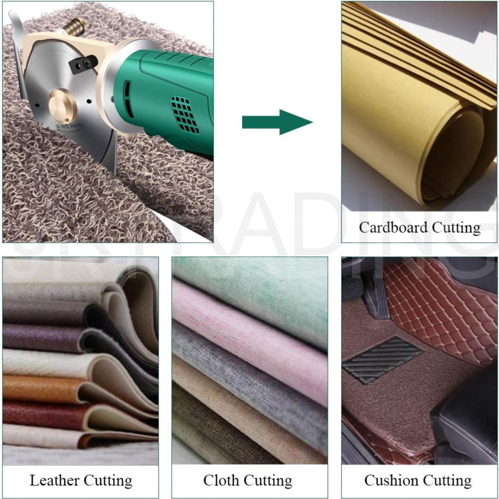 Four-panel grid demonstrating multi-material cutting across leather hide, cardboard tube, cloth, and car mat foam.