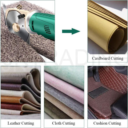 Four-panel grid demonstrating multi-material cutting across leather hide, cardboard tube, cloth, and car mat foam.