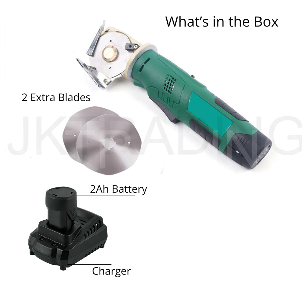 Component package breakdown infographic displaying all included parts in the cordless electric cutting kit box.