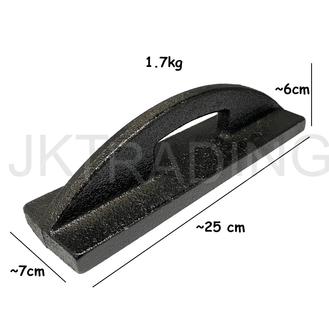 Dimensions diagram showing the 1.7kg weight, 25cm length, 7.5cm width, and 6cm height of the tailors pattern weight.