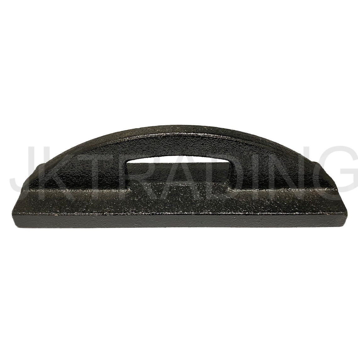 Side profile view of a sleek black cast iron dressmaking weight highlighting its low-profile ergonomic handle grip.
