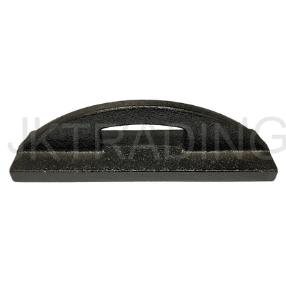 Side profile view of a sleek black cast iron dressmaking weight highlighting its low-profile ergonomic handle grip.
