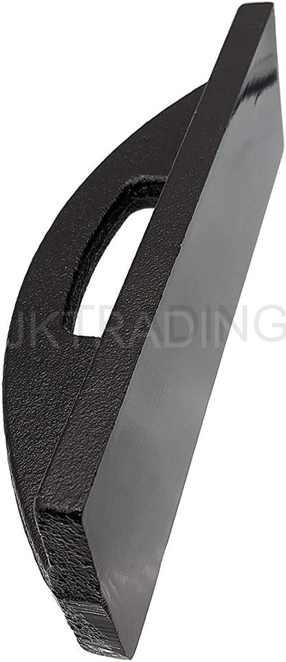 Top-down narrow profile view of a single long cast iron cutting weight for garment pattern making.