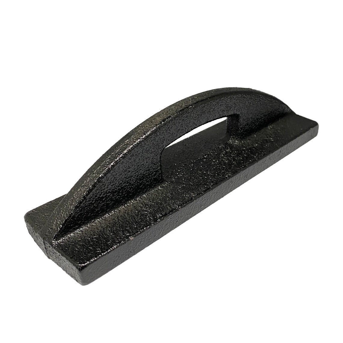 Heavy-duty black cast iron fabric pattern weight with an integrated handle isolated on a white background.