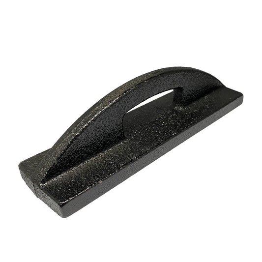 Heavy-duty black cast iron fabric pattern weight with an integrated handle isolated on a white background.
