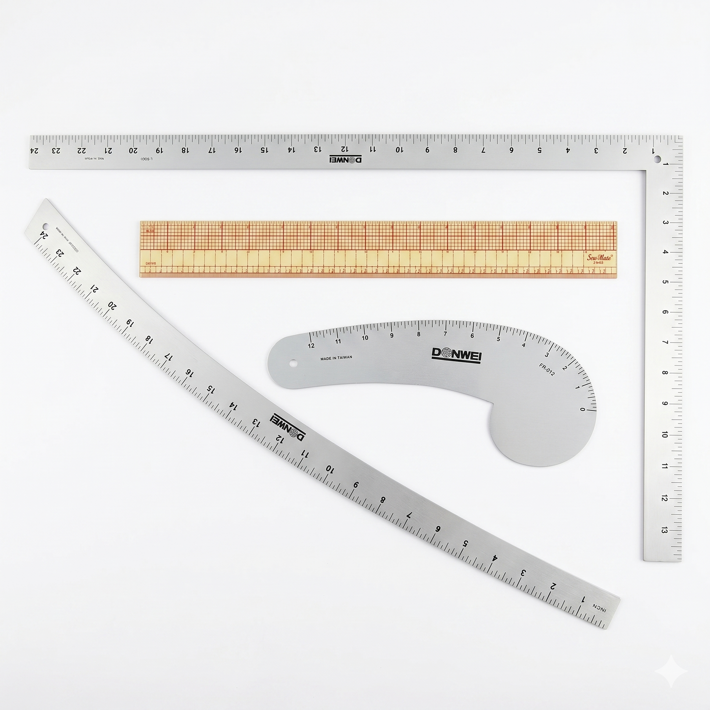 Professional pattern making ruler kit featuring a metal L-square, straight stick ruler, French curve tool, and clear grading grid.