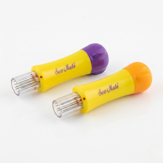 Close-up profile of a single ergonomic yellow and purple pen-style multi-needle holder tool for wool felting.