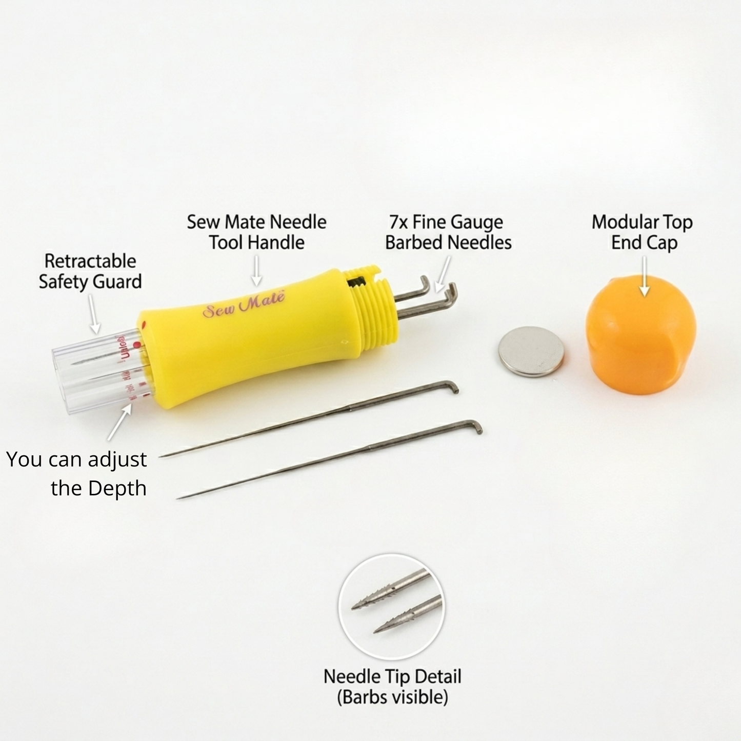 Component breakdown diagram showing the pen handle, lockable spring guard, and replacement felting needles.