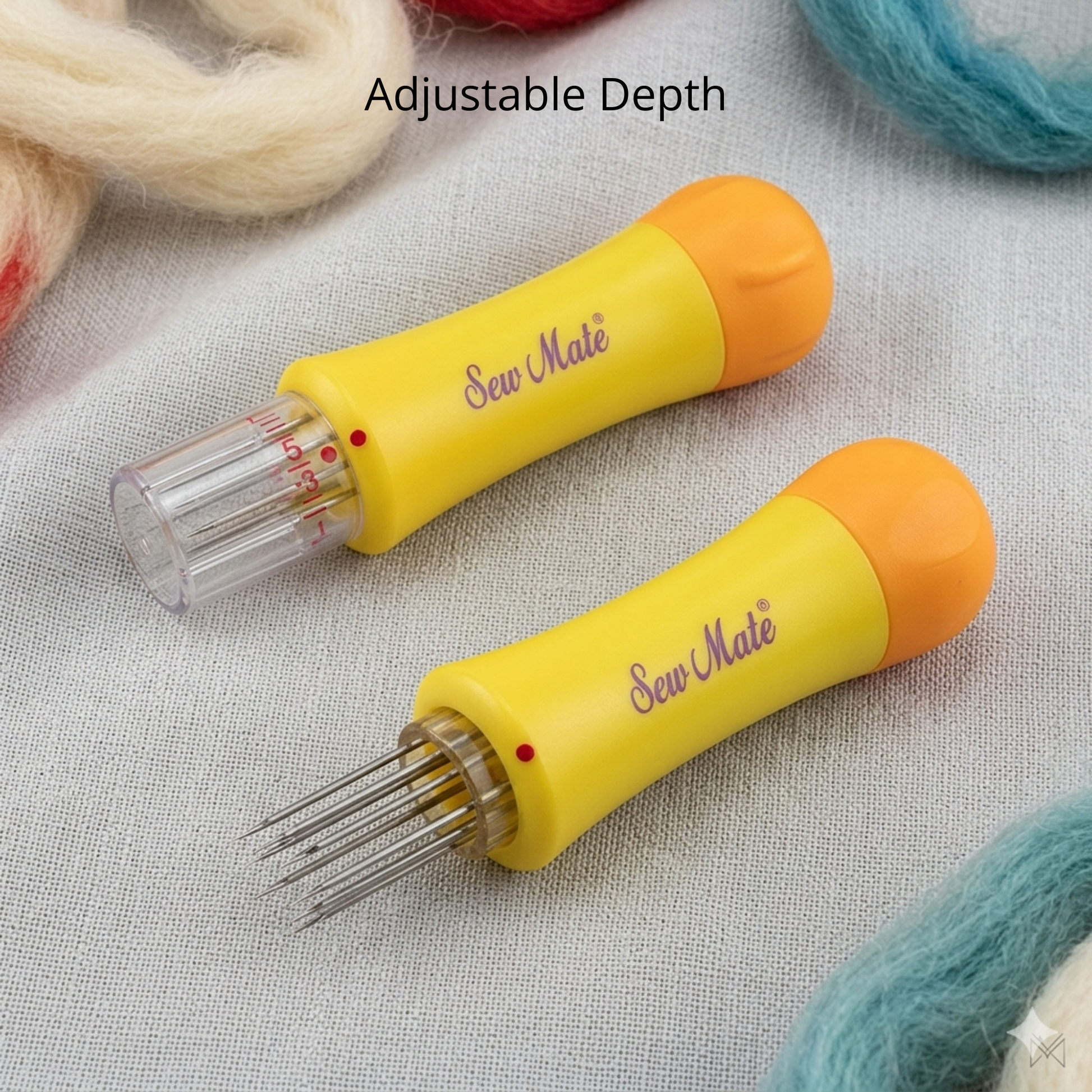 Two yellow and orange multi-needle felting tool pens showcasing adjustable needle depth features.