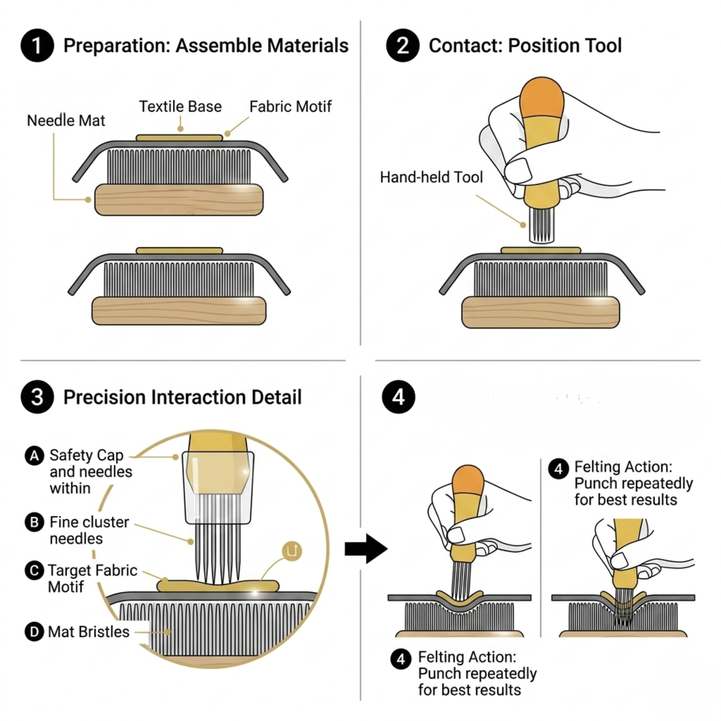 Four-panel instruction infographic detailing how to safely install replacement needles and unlock the tool guard.