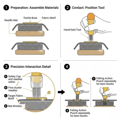 Four-panel instruction infographic detailing how to safely install replacement needles and unlock the tool guard.