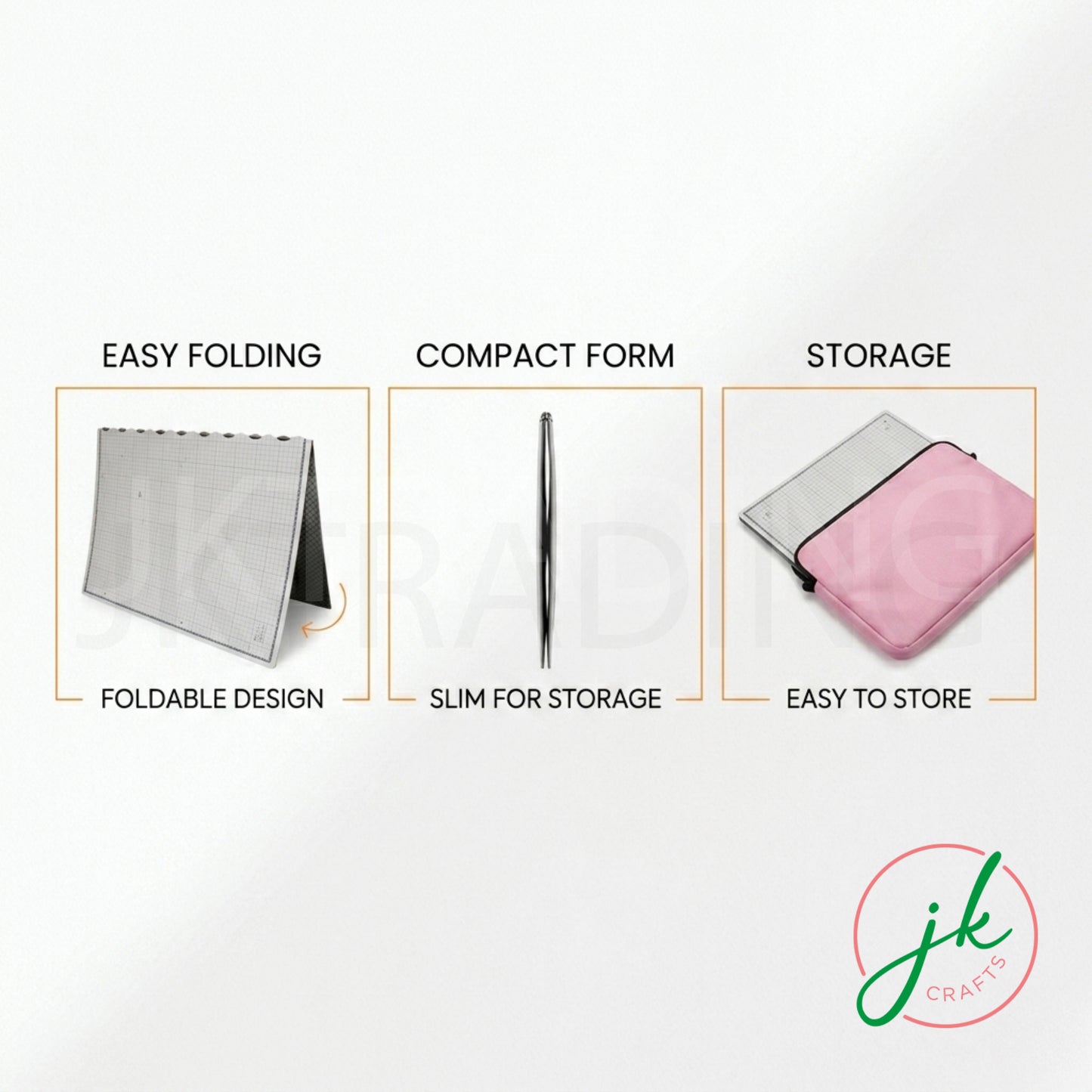 Three-panel infographic highlighting portability features, seamless joining, and flat space-saving desktop storage.