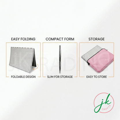 Three-panel infographic highlighting portability features, seamless joining, and flat space-saving desktop storage.
