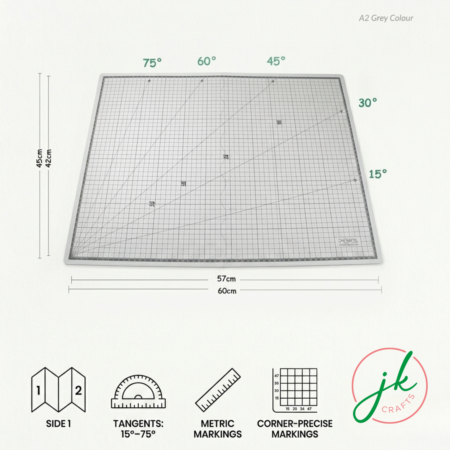 Product spec layout diagram for the intermediate A2 foldable model variant showing clean imperial and metric measurements.