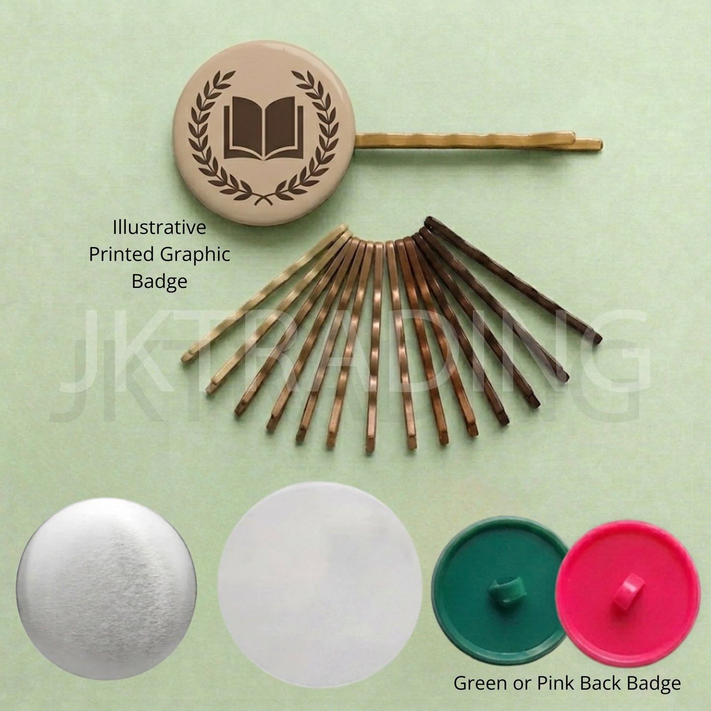 Personalized brown bobby pin hair clip made with a round graphic button badge maker kit.