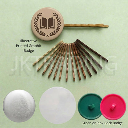 Personalized brown bobby pin hair clip made with a round graphic button badge maker kit.