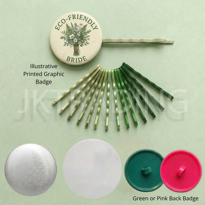 Custom green button badge hair pin assembly kit showing assorted green bobby pins and craft supplies.